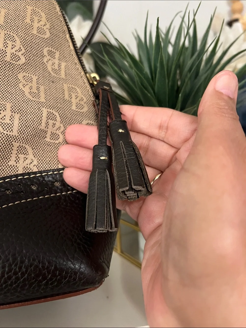 Dooney & Bourke Tan & Dark Brown Monogram Dome Satchel